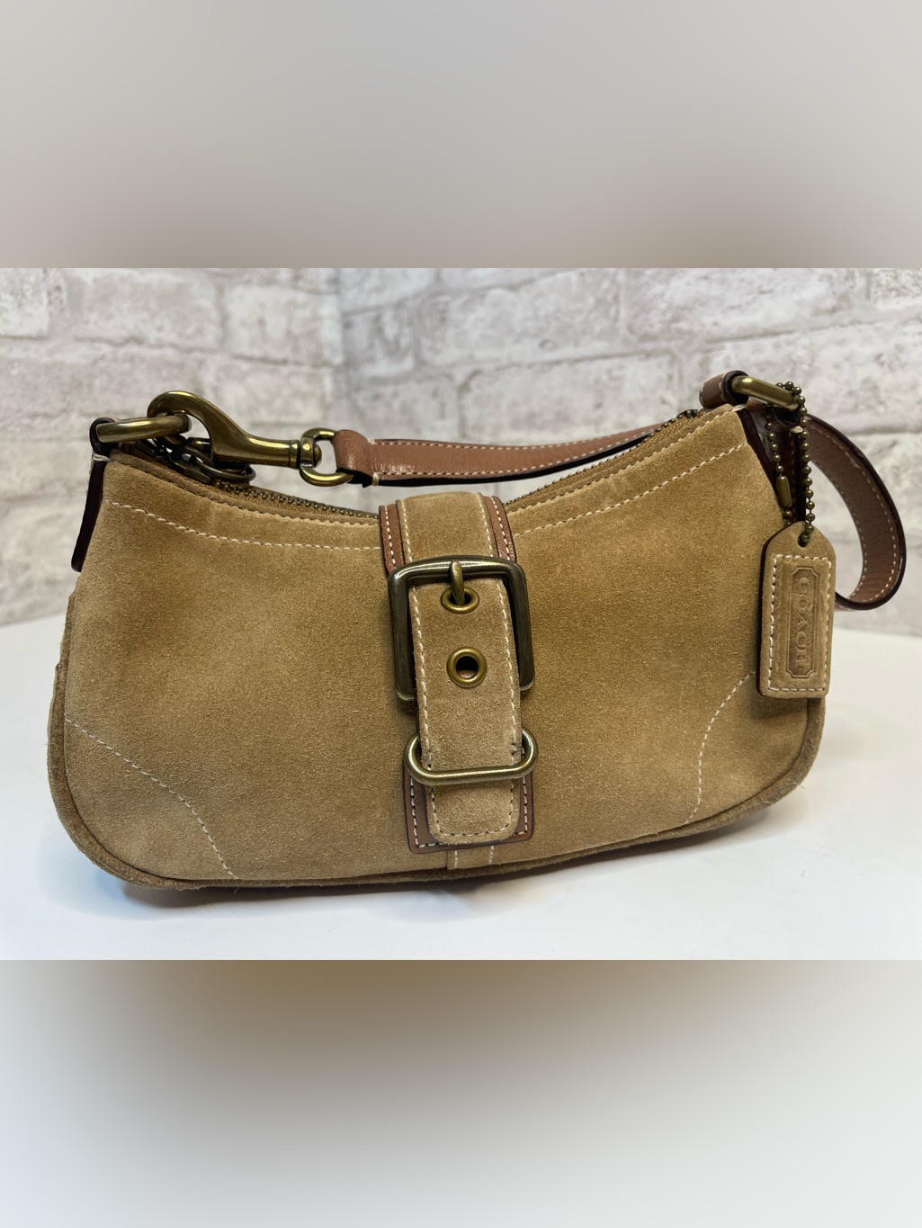 Vintage Coach Mini Soho Hamptons Tan Suede Camel Leather Demi Buckle Htf Rare